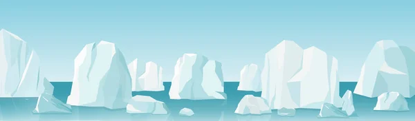 Düz çizgi film tarzı kutup manzara vektör Illustration. doğa kış arctic buz buzdağı, kar dağlar ve tepeler çok, yatay.