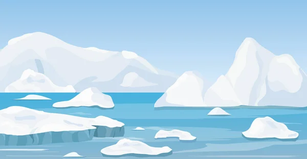 Ilustração vetorial da natureza dos desenhos animados inverno paisagem ártica com iceberg, água pura azul e colinas de neve, montanhas . —  Vetores de Stock