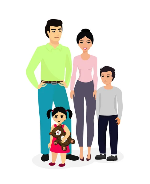 Ilustración vectorial de familia asiática feliz y sonriente con niños y padres. Estilo plano de dibujos animados madre, padre, hija e hijo aislados sobre fondo blanco . — Vector de stock