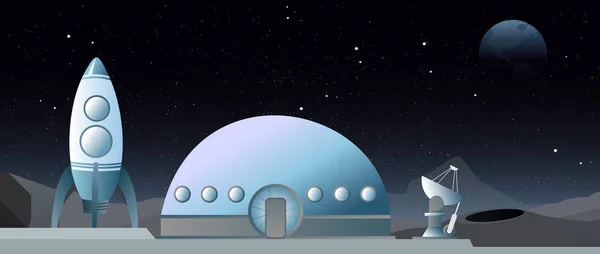 天文学、宇宙探査、宇宙の植民地化をテーマにフラット スタイル web バナーのベクトル イラスト。月探査。宇宙船と月面の風景の駅. — ストックベクタ