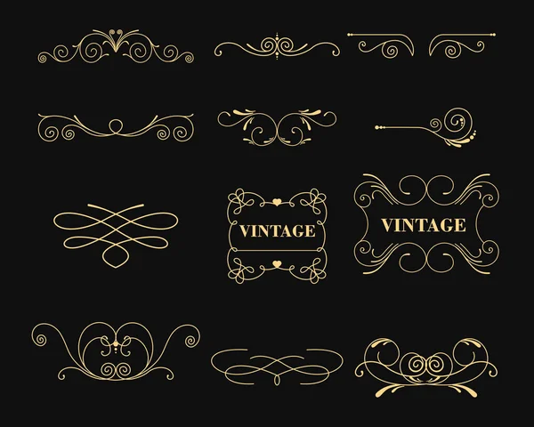 Conjunto de ilustración vectorial de elementos gráficos vintage para decoración sobre fondo negro. Emblema, monograma heráldico. Diseño floral caligráfico. Marcos de oro . — Vector de stock