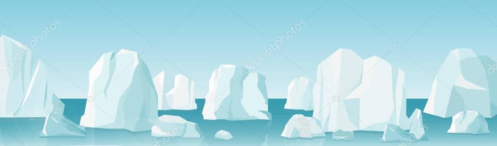 Vector illustration of arctic landscape in flat cartoon style. nature winter arctic ice landscape with lot of icebergs, snow mountains and hills.