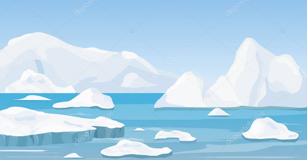 Vector illustration of cartoon nature winter arctic landscape with iceberg, blue pure water and snow hills, mountains.