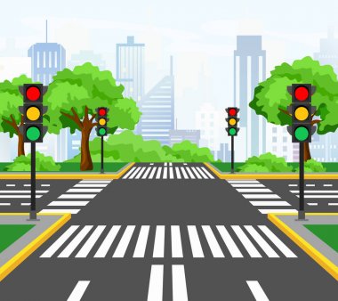 Vector illustration of streets crossing in modern city, city crossroad with traffic lights, markings, trees and sidewalk for pedestrians. Beautiful cityscape on background. clipart