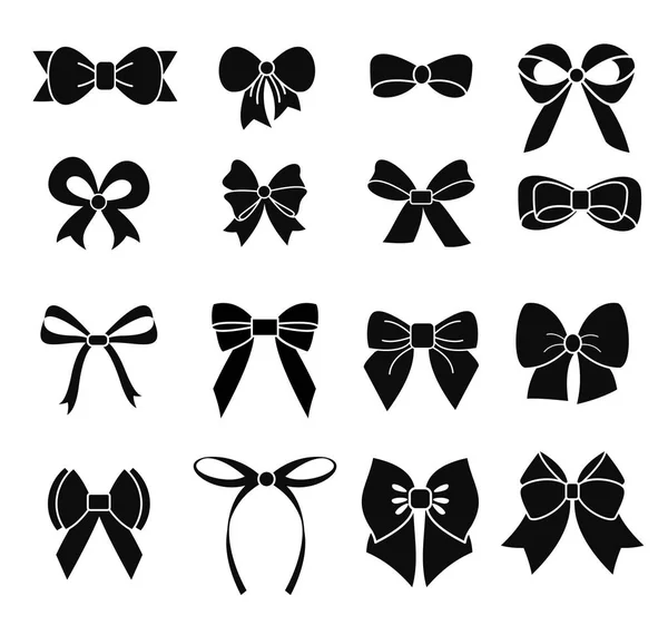 Vector illustration set of black and white bows in silhouette, different types and shapes of ribbons. — Stock Vector