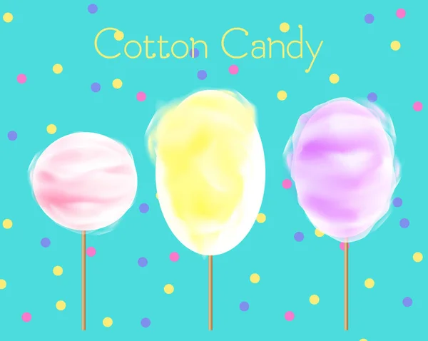 3 つの綿あめさまざまな色や紙吹雪で青い背景上の図形のベクトル イラスト。黄色、ピンク、紫の色、甘い通り食品のコンセプトの綿菓子. — ストックベクタ
