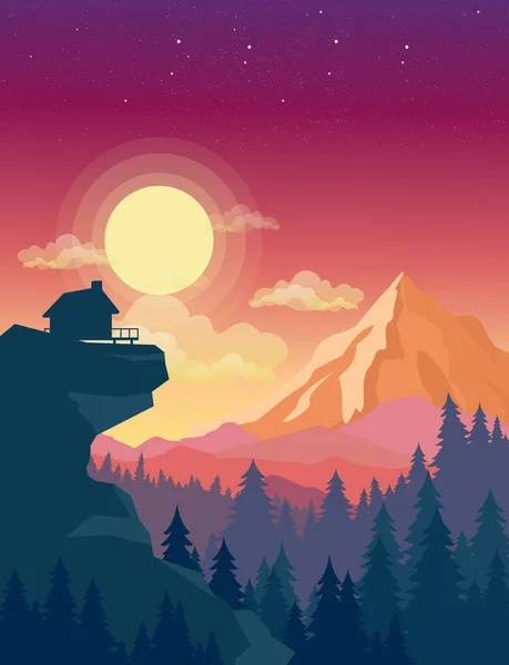 Vector illustration of house on top of mountain with beautiful sunset in mountains landscape on background, sun and clouds in sky in flat style. — Stock Vector