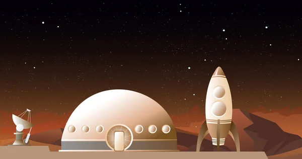 Ilustração vetorial da nave espacial em Marte ou em outro planeta. Um foguete e uma estação espacial no fundo do espaço. Conceito de viagem espacial . — Vetor de Stock