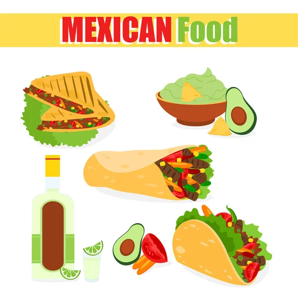 Ilustração vetorial de um conjunto de pratos tradicionais mexicanos, tacos, burrito com carne de abacate, milho tequila, isolado em um fundo branco em um estilo plano de desenho animado . —  Vetores de Stock