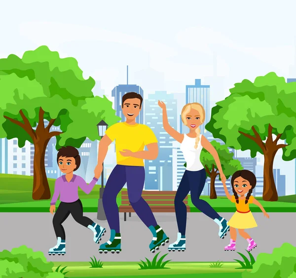 Ilustración vectorial de patinaje familiar feliz y sonriente en patines en el parque. Papá, mamá, hija e hijo patinando juntos en el parque de la gran ciudad en un estilo plano de dibujos animados . — Vector de stock