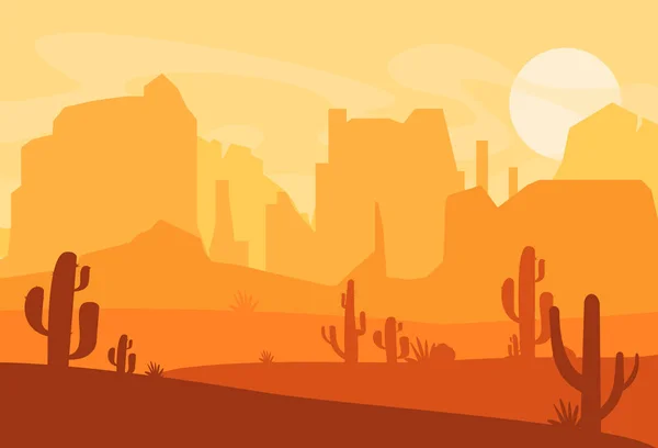 Ilustração vetorial da silhueta do deserto do oeste do Texas. Wild West america cena com pôr do sol no deserto com montanhas e cacto em estilo cartoon plana . —  Vetores de Stock