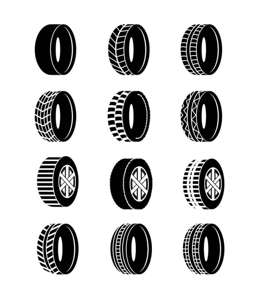 Vector illustration set of tire and wheels black color icons on white background. Different wheel tyre symbols and logos collection. — Stock Vector