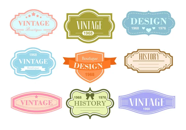 Set de ilustrații vectoriale de etichete de epocă, autocolante în culori pastelate pe fundal alb cu text . — Vector de stoc