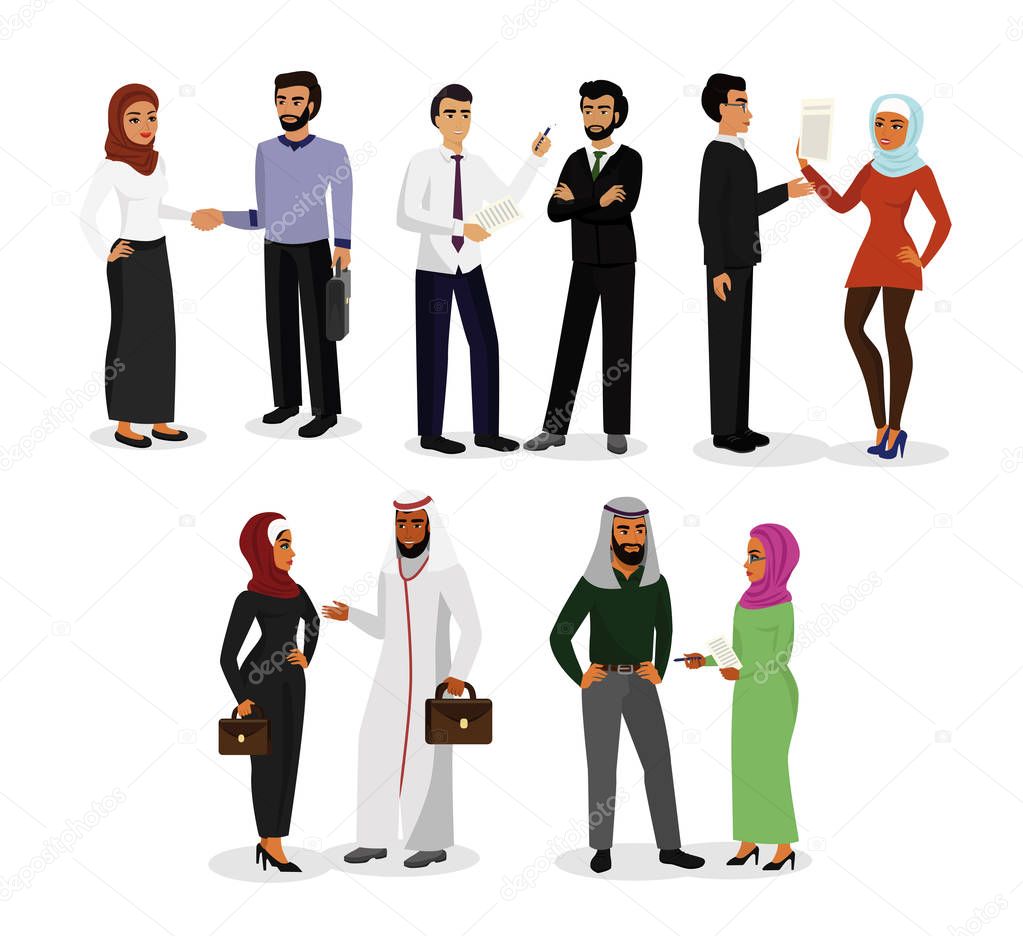 Vector illustration set of muslim men and women characters talking, making business together. Arab business people teamwork concept in flat style.