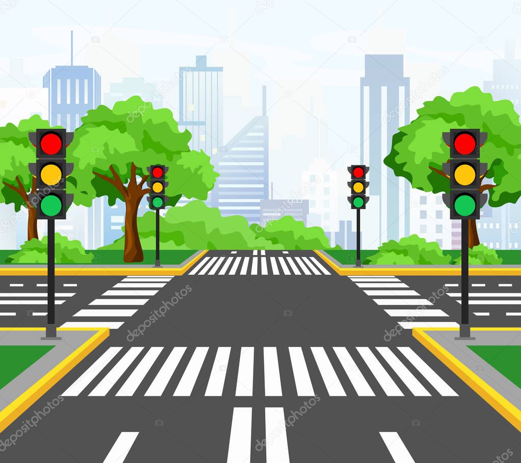 Vector illustration of streets crossing in modern city, city crossroad with traffic lights, markings, trees and sidewalk for pedestrians. Beautiful cityscape on background.