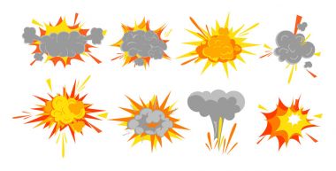 Pürüzsüz vektör patlama efekti kümesi illüstrasyon vektör, karikatür komik retro tarzı patlama bomba. Çekim hareket flaş ve beyaz arka plan üzerinde patlama öğeleri.