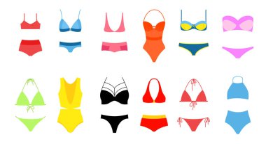 Kadınlar s bikini vektör çizim seti, parlak renkler mayo beyaz arka plan üzerinde düz tasarım topluluğu. Modern, moda vintage bikini.