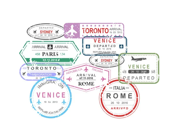Vector illustratie van internationale reizen visum paspoort stempels in auto vorm samenstelling op witte achtergrond, reizen concept. — Stockvector