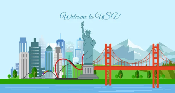 Vektorové ilustrace konceptu cestování, Vítejte do Usa. Spojené státy americké plakát s nejznámějšími stavbami. — Stockový vektor