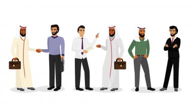 Arap işadamları, ayakta, konuşan ve gülen vektör Illustration. Müslüman kişi, sosyal kavramı ile başarılı bir iş. Müslüman erkekler düz tarzında beyaz arka plan üzerinde geleneksel giysiler içinde.
