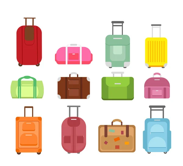 Vector illustration set of different types bags for travel isolated on white background, suitcase journey trip and case voyage baggage leather handbag many colors and shapes in flat cartoon style. — Stock Vector