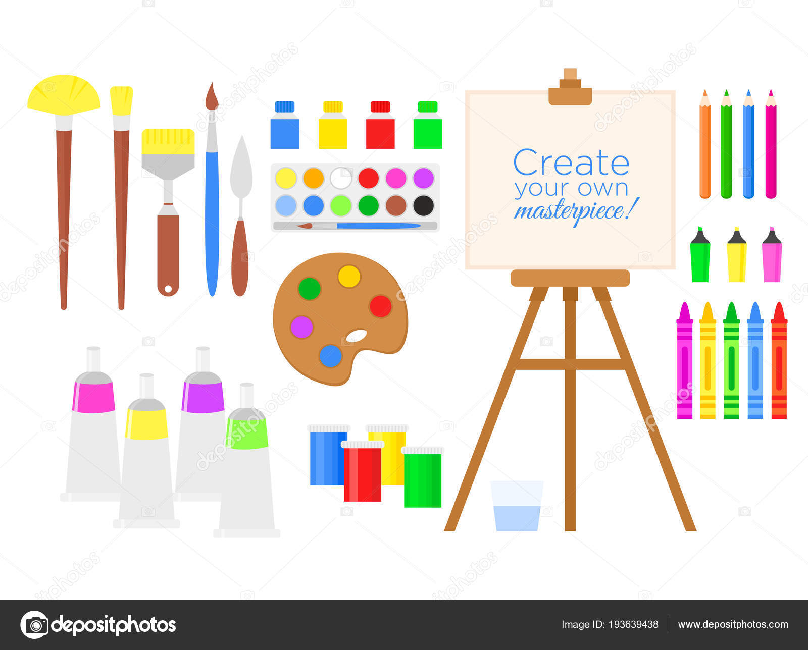Vector illustration set of tools and materials for creativity and
