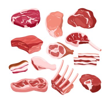 Vektör çizim kümesi düz stil taze lezzetli et simgeler, beyaz arka plan üzerinde izole nesneleri. Gastronomi ürünleri, aşçı, biftek, Barbekü kavramı.