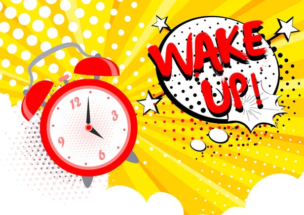Vektor illustration av väckarklockan ringer, vakna upp text på bakgrunden. Ljusa tecknad popkonst koncept i retrostil. — Stock vektor