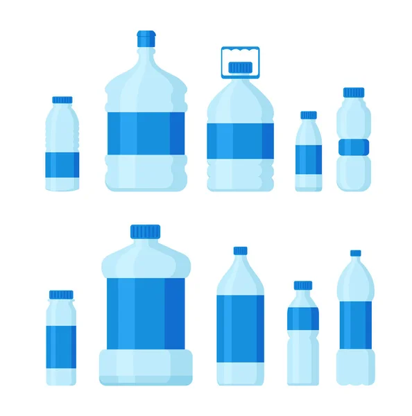 Набор векторных иллюстраций из пластиковых бутылок, пустых контейнеров для жидкой и питьевой воды в плоском мультипликационном стиле, изолированных на белом фоне . — стоковый вектор