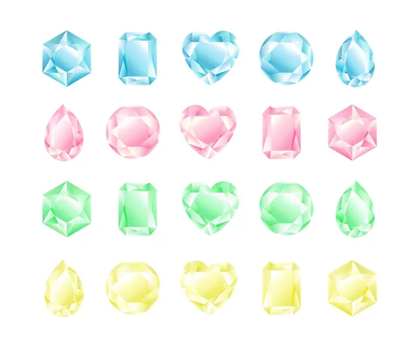 Illustration vectorielle ensemble de cristaux différentes formes et couleurs, collection de diamants, couleurs pastel . — Image vectorielle