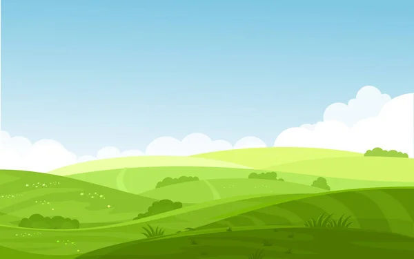 Ilustração vetorial de belos campos paisagem com um amanhecer, colinas verdes, cor brilhante céu azul, fundo em estilo de desenho animado plano . — Vetor de Stock