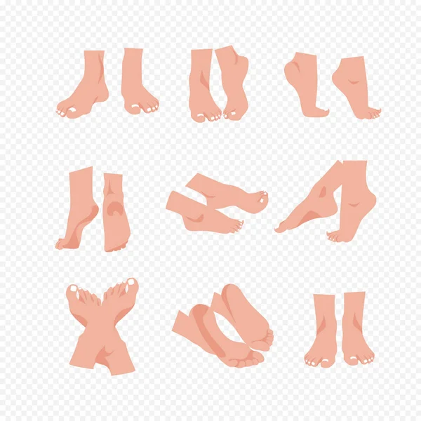 Conjunto de ilustración vectorial de hermosos pies y piernas de mujer desnuda aislados sobre fondo transparente en estilo plano de dibujos animados . — Archivo Imágenes Vectoriales