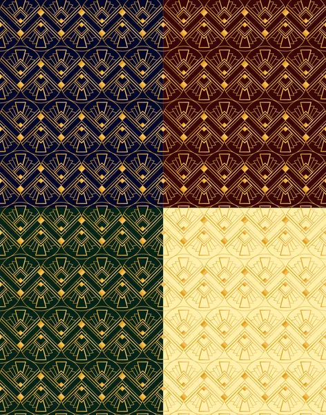 Vector illustration set of seamless golden patterns in art deco vintage, retro style on different color backgrounds. — Stock Vector