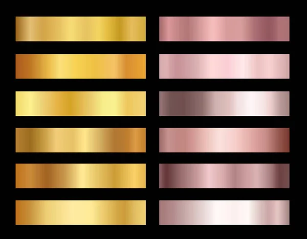 Conjunto de ilustración vectorial de oro rosa y fondos de textura de lámina de oro. Elegante colección de degradados brillantes para borde, marco, cinta, diseño de etiqueta de oro rosa . — Vector de stock