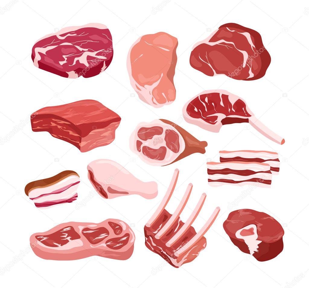 Vector illustration set of fresh tasty meat icons in flat style, isolated objects on white background. Gastronomic products, cook, steak, bbq concept.