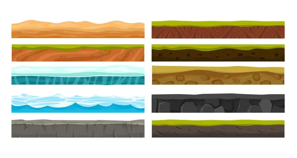 Vector illustratie set van gronden voor Ui spel. Verzameling van verschillende voorgrond landoppervlak, rotsen, water, ijs en ondergrondse patronen op een witte achtergrond in vlakke stijl. — Stockvector