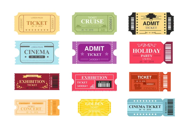 Vektor illustration samling färgglada biljetter med plats för text. Biljetter till bio, teater och Cirkus i retro design, platt tecknad stil. — Stock vektor