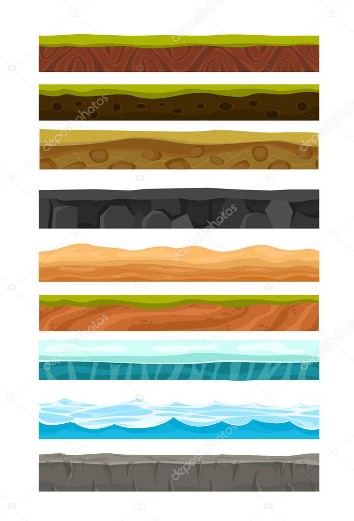 Vector illustration set of grounds, soil and land for Ui Game. Collection of cartoon soils and land foreground area with blades of grass layers, rocks and underground patterns in flat style.