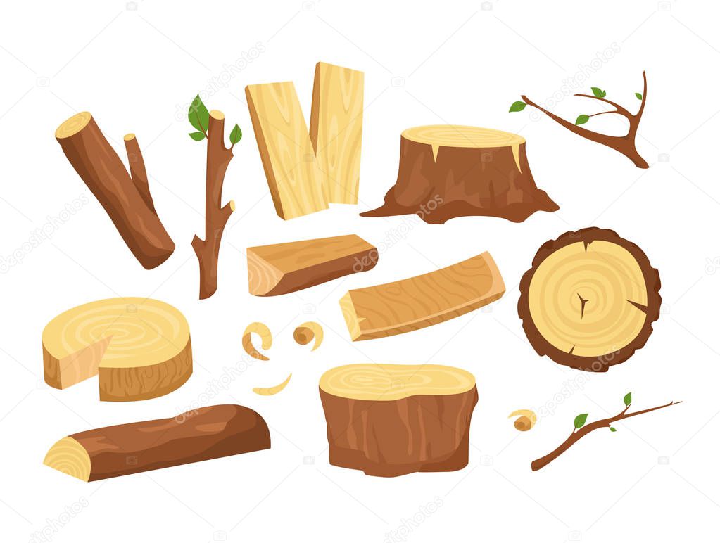 Vector illustration set of materials for wood industry. Collection of tree logs, planks, stump, twigs and trunks in cartoon flat style.