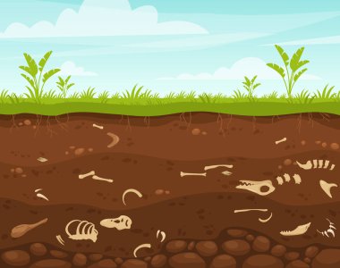 Arkeoloji ve paleontoloji düz vektör çizimi. Yeraltı yüzeyi dinozor kemikleriyle dolu. Gömülü fosil hayvanlar, kirli iskelet kemikleri. Kazı sahnesi, toprak katmanları, tarihi eserler..