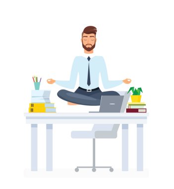 Meditasyon bürosu çalışanının düz çizimi. Yoga çizgi filminde vektör karakter pratiği yapan bir iş adamı. Personel rahatlaması, stres atma, dinlenme, yararlı spor egzersizleri, sakinleşme fikri..