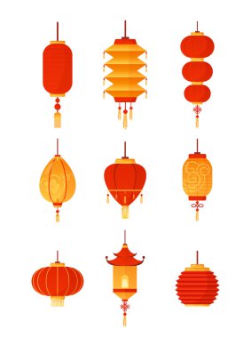 Vector illustration of Chinese lanterns set on white background. Traditional red lantern-lights collection, celebration decorations. China culture concept. clipart