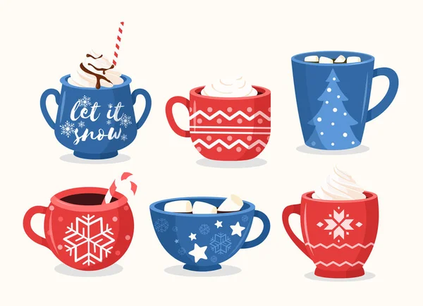 Christmas cups flat vector illustrations set. Festive mugs with ornaments, New Years tree, snowflakes and lettering. Cups with coffee and cocoa design element. Winter season drinks. — Stock Vector