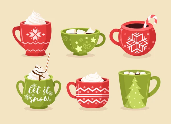 Karácsonyi csésze lapos vektor illusztrációk készlet. Ünnepi bögrék díszekkel, hópelyhekkel és betűkkel. Kelyhek kávéval és kakaóval, forró csokoládé csészékben design elemmel. Téli italok. — Stock Vector