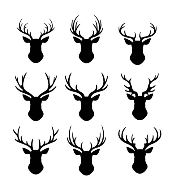 Reindeers with antlers silhouette flat vector illustrations set. Deers head with horns isolated on white background collection. Christmas season festive animal symbol design elements pack. — Stock Vector