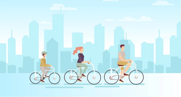 Vector illustratie van familie op fietsen op grote moderne stad achtergrond. Vader moeder en zoon rijden op fietsen, platte cartoon stijl. — Stockvector