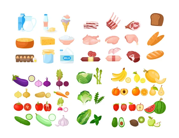 Illustrazione vettoriale della collezione di cartoni animati alimentari. Frutta, verdura, panetteria, latticini e prodotti a base di carne. Alimentari isolati clipart pack. Negozio di alimentari, supermercato concetto assortimento . — Vettoriale Stock