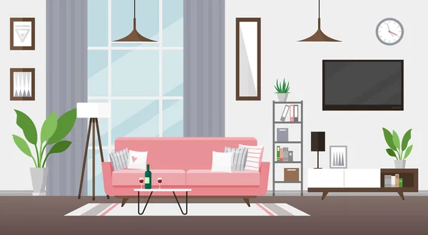 Vardagsrum platt vektor illustration. Modern detaljerad inredning. Rum med rosa soffa, TV, bokhylla. Mysig lägenhet. Platt med stora fönster och krukblommor.Kaffebord med vinglas. — Stock vektor