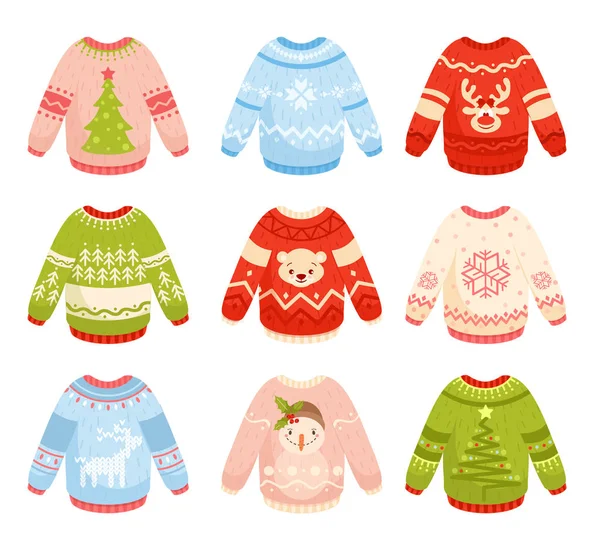 Christmas sweaters flat vector illustrations set. Festive winter season clothing with reindeer, christmas tree, snowflake and snowman. Colorful warm and cozy knitwear with ornaments pack. — Stock Vector