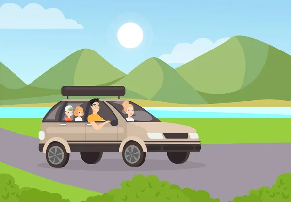 Οικογενειακό οδικό ταξίδι επίπεδη διανυσματική απεικόνιση. Η μητέρα οδηγεί αυτοκίνητο με τον σύζυγο και τα παιδιά. Άνθρωποι που ταξιδεύουν μαζί με το αυτοκίνητο. Όμορφο τοπίο βουνό και λίμνη στο παρασκήνιο. — Διανυσματικό Αρχείο